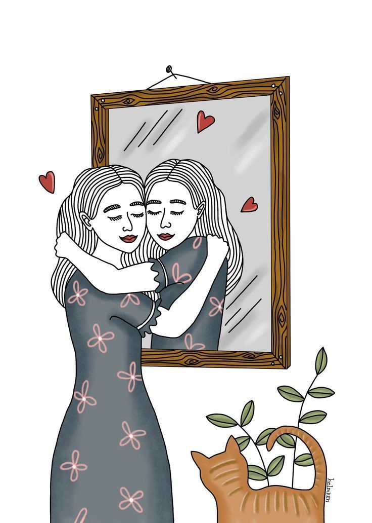  Ilustrasi seorang wanita memeluk refleksi dirinya di cermin dengan ekspresi damai, dikelilingi oleh hati merah kecil. Seekor kucing oranye duduk di dekatnya, memperhatikan dengan tenang.