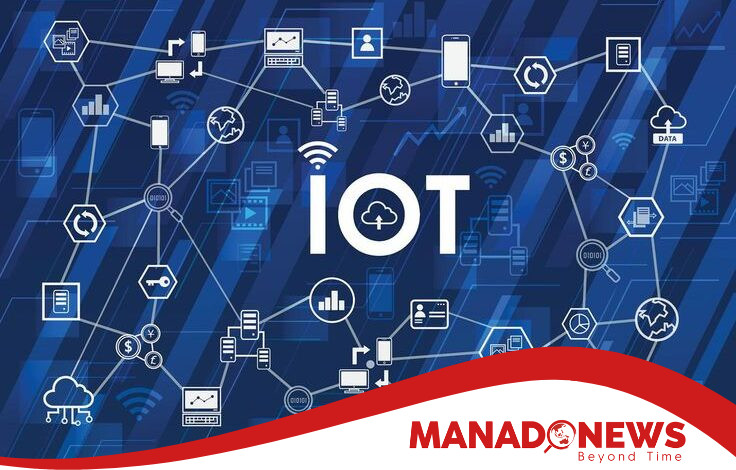 Ilustrasi konsep Internet of Things (IoT) dengan berbagai ikon perangkat terhubung melalui jaringan digital.